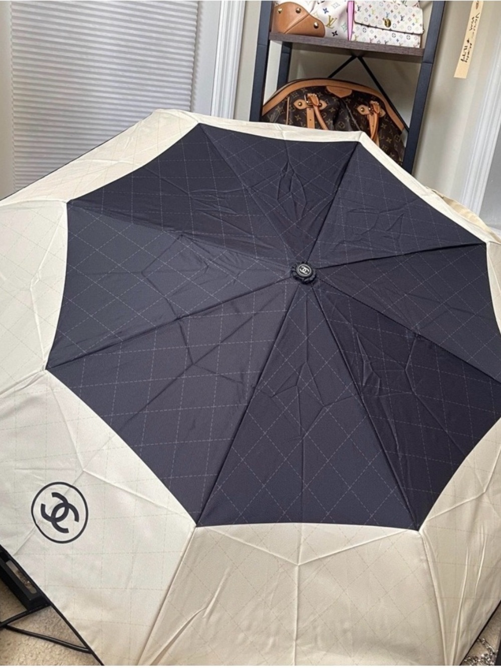CHANEL Black and Cream Logo Compact Umbrella - Picture 2 of 6